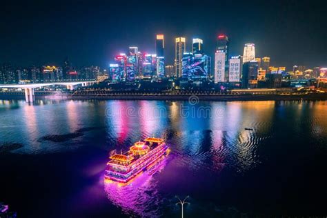 Beautiful Night View of a Colorful Cruise Ship Traveling on River ...