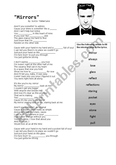 Mirrors by Justin Timberlake - Lyric Match - ESL worksheet by MikeyT24