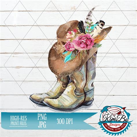 Country Cowgirl Boots Boho Flower Feather Hat Texas Pink Teal Clipart Png Instant Download ...