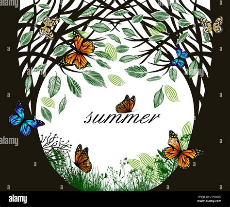 Summer trees with butterflies. hand drawing. Not AI. Vector ...