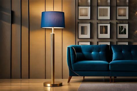 Premium AI Image | a floor lamp with a blue shade and a blue lamp on a stand.