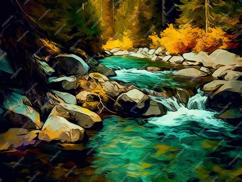 Premium AI Image | A painting of a river with rocks and trees in the ...