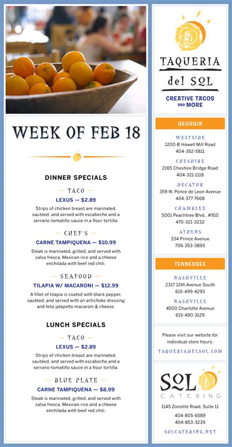 Taqueria del Sol Menu Week of Feb 18