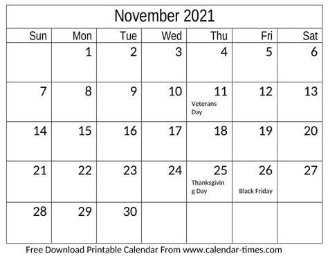 Printable November 2021 Calendar For PDF, Word, and Excel