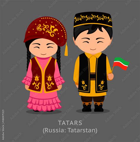 Tatars in national dress with a flag. Man and woman in traditional ...