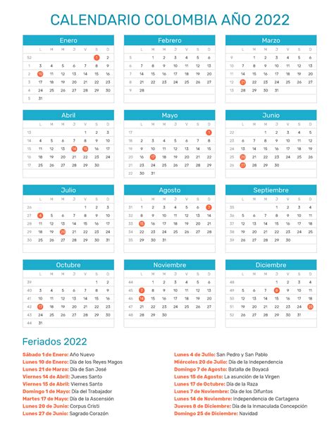 Calendario-Colombia-2022 con festivos en Colombia Calendario de colombia año 2002 con festivos ...