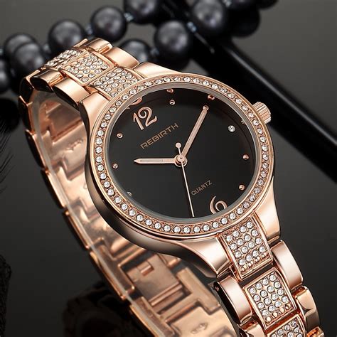 Women Dress Watch Rose Gold Stainless Steel Fashion Ladies Wristwatch Rhinestone Business Quartz ...