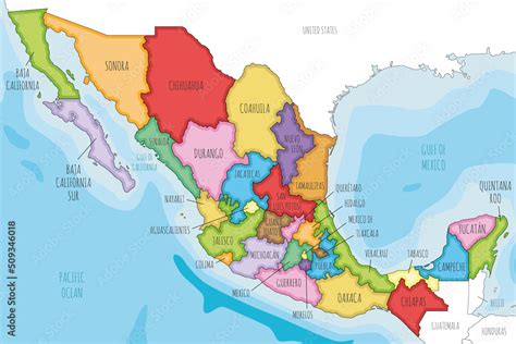 Vector illustrated map of Mexico with regions or states and ...