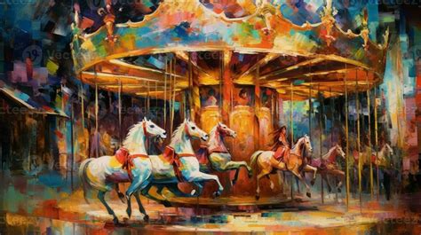 painting of a carousel with horses in a city park. generative ai ...