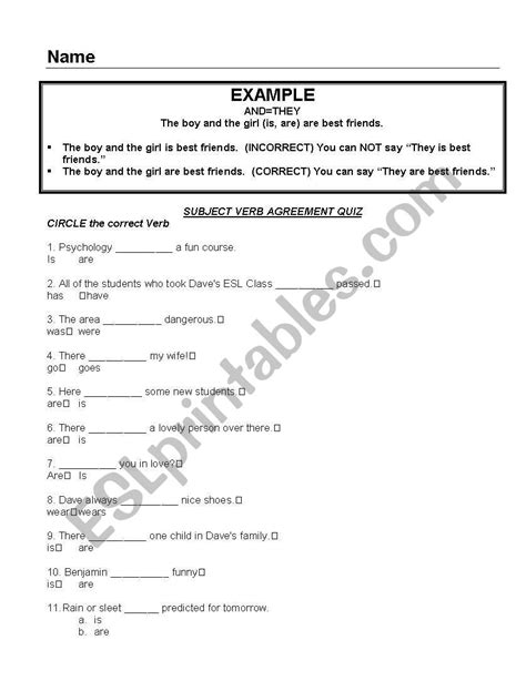 English worksheets: Subject Verb Agreement Quiz