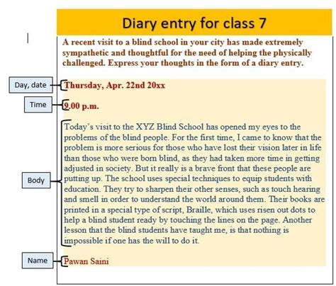 CBSE Diary entry for class 7, Example, Format, Worksheet PDF