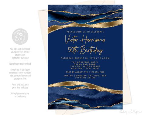 Mans Birthday Invitation,Mens Birthday Invitations,Mans Blue Gold Birthday Invitations,Mans ...