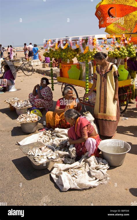 India Tamil Nadu Chennai beach fish market small roadside stall selling ...