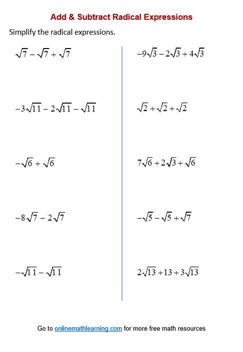 Add & Subtract Radicals Worksheets (printable, online, answers, examples)