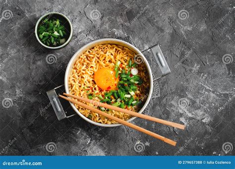 Korean Style Instant Noodles, Shin Ramyeon or Ramyun with Egg, Scallion and Broth, Noodle Soup ...