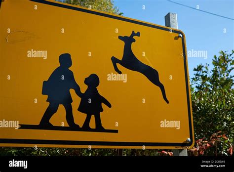 A yellow street warning sign with a funny juxtaposition of school children and jumping deer ...