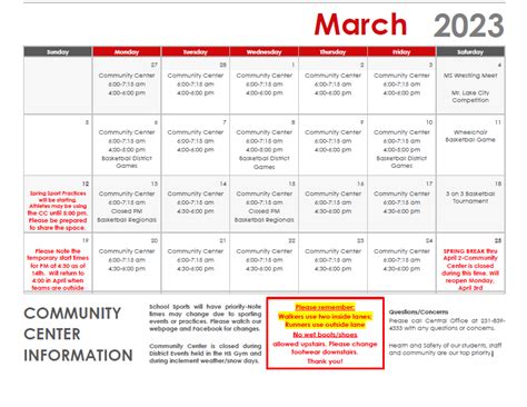 Community Center March Calendar | Lake City Area Schools