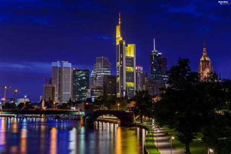 skyscrapers, bridge, Frankfurt, Germany, City at Night, River ...