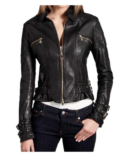 Buckle Straps Cropped Womens Black Leather Biker Jacket - UJackets