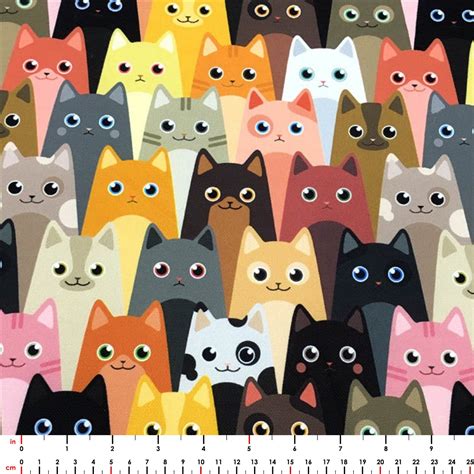 Cat Print Fabric by the Yard Cute Packed Staring Cats Fabric - Etsy