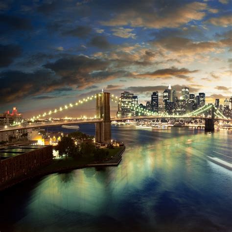 New York brooklyn bridge night lights city river iPad Pro Wallpapers Free Download