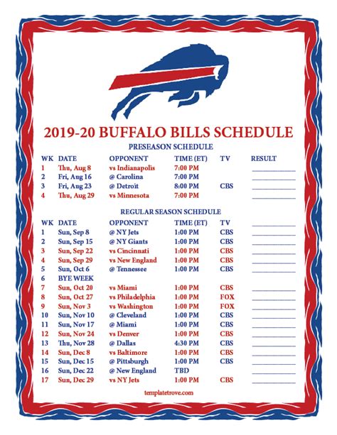 Printable 2019-2020 Buffalo Bills Schedule