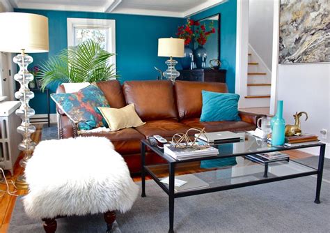 Teal living room accent wall, grey living room, brown leather turner studded… #TurquoiseBrownL ...