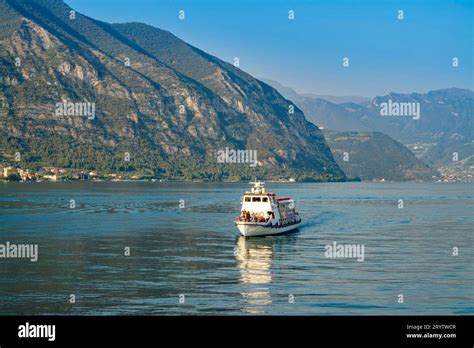 Ferry crossing Lago d'Iseo (Lake Iseo) arriving at Clusane Lombardy ...