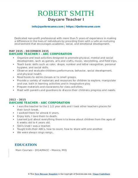 Daycare Teacher Resume Samples | QwikResume