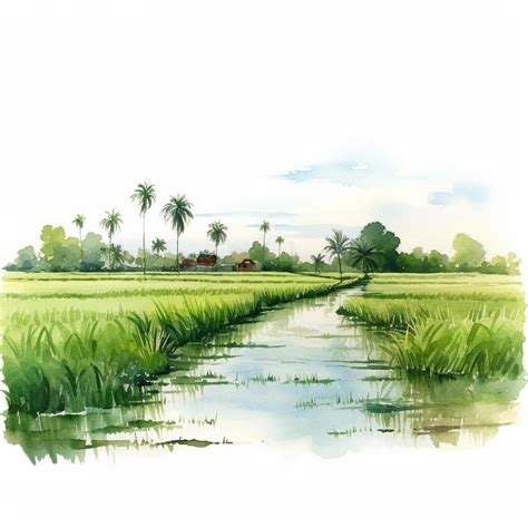 Premium Photo | Watercolor painting of rice fields