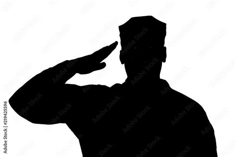 Shoulder silhouette of saluting army soldier in utility cover or cap isolated on white ...