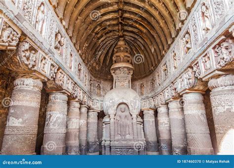 Chaitya Interior Showing Standing Buddha Figure Over The Stupa. Ajanta ...