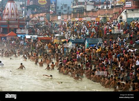 Crowd pilgrim pilgrims Ganges river Haridwar People India pilgrimage ...