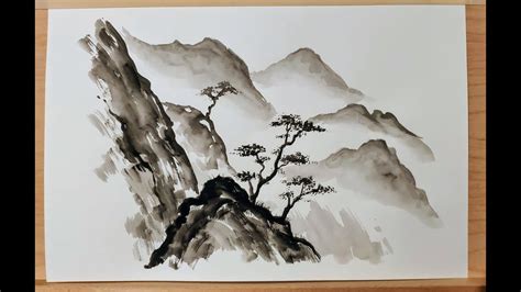 Japanese sumi-e landscape using black gouache - YouTube