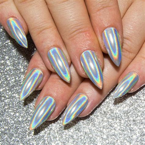 Holographic Chrome Nails Stiletto Acrylic Nails Mirror Gel False Nails ...