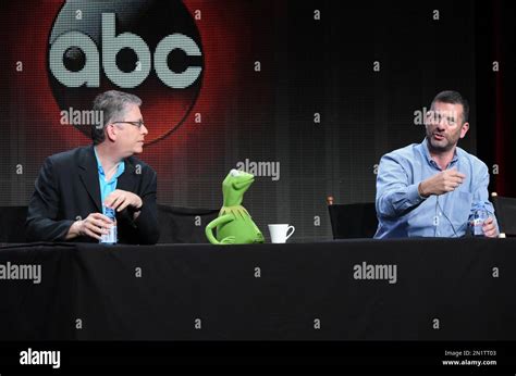 Writer/executive producer Bill Prady, from left, Kermit the Frog and writer/executive producer ...