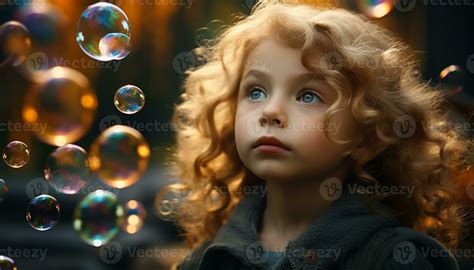 AI generated Smiling curly haired girl playing with bubble wand ...