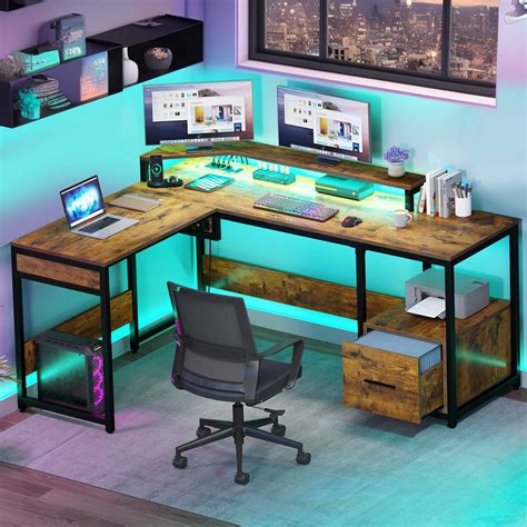 Dextrus L Shaped Desk with File Drawer & Lift Top, Computer Desk with Power Outlets & LED Lights ...