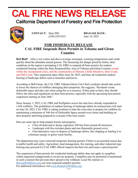 News Release from CAL FIRE – TCAPCD