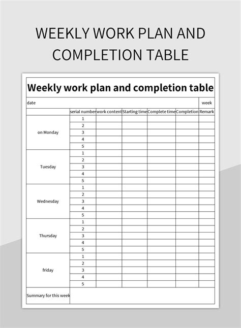 Weekly Work Plan And Completion Table Excel Template And Google Sheets File For Free Download ...