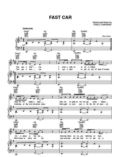 Fast Car Sheet Music Tracy Chapman | Tracy chapman, Sheet music, Guitar chords for songs