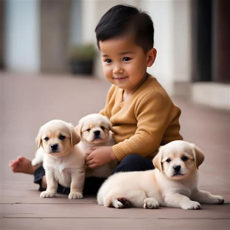 Premium Photo | A cute baby playing with puppies