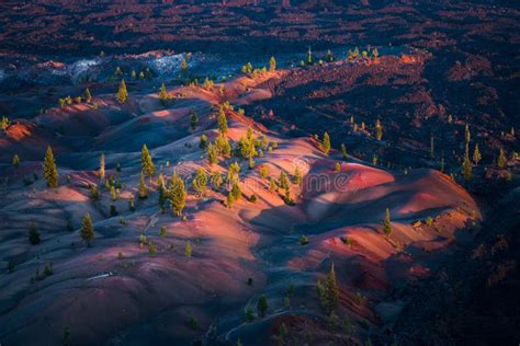 Colorful Painted Dunes, Lava Beds, Badland Formation, and Pine Trees in Lassen Volcanic National ...