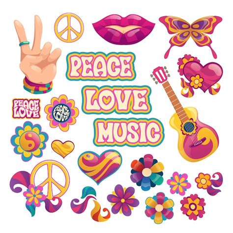 Free Vector | Hippie elements with peace, love and music lettering