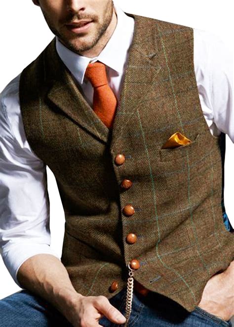 Mens Vintage Tweed Waistcoat Cowboy Hunting Groom Bestman Formal Casual ...