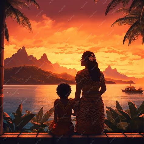 Premium AI Image | A woman and child sit on a ledge looking out at a mountain and the ocean.