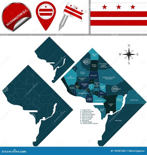 Map of Washington DC with Districts Stock Vector - Illustration of ...