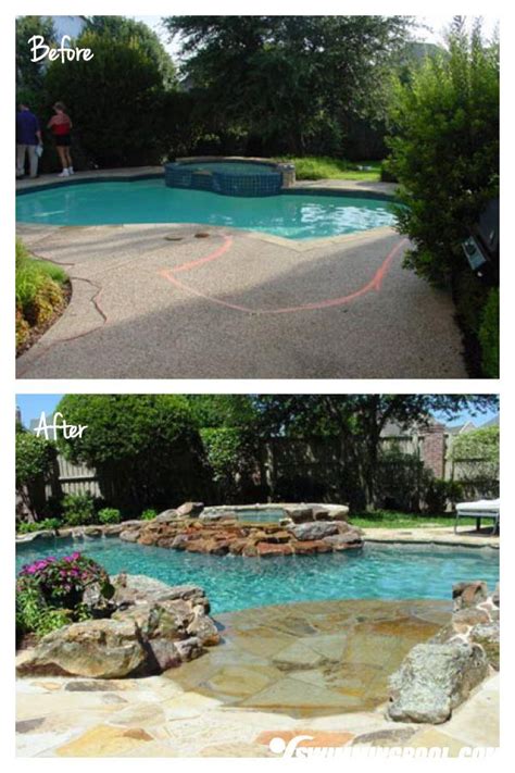 before and after pictures of a swimming pool in the back yard with landscaping around it