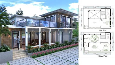 Sketchup Drawing Villa Design Size 13.3mx9m 2bedroom - House Plan Map