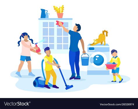 Kids help father in housekeeping flat cartoon Vector Image